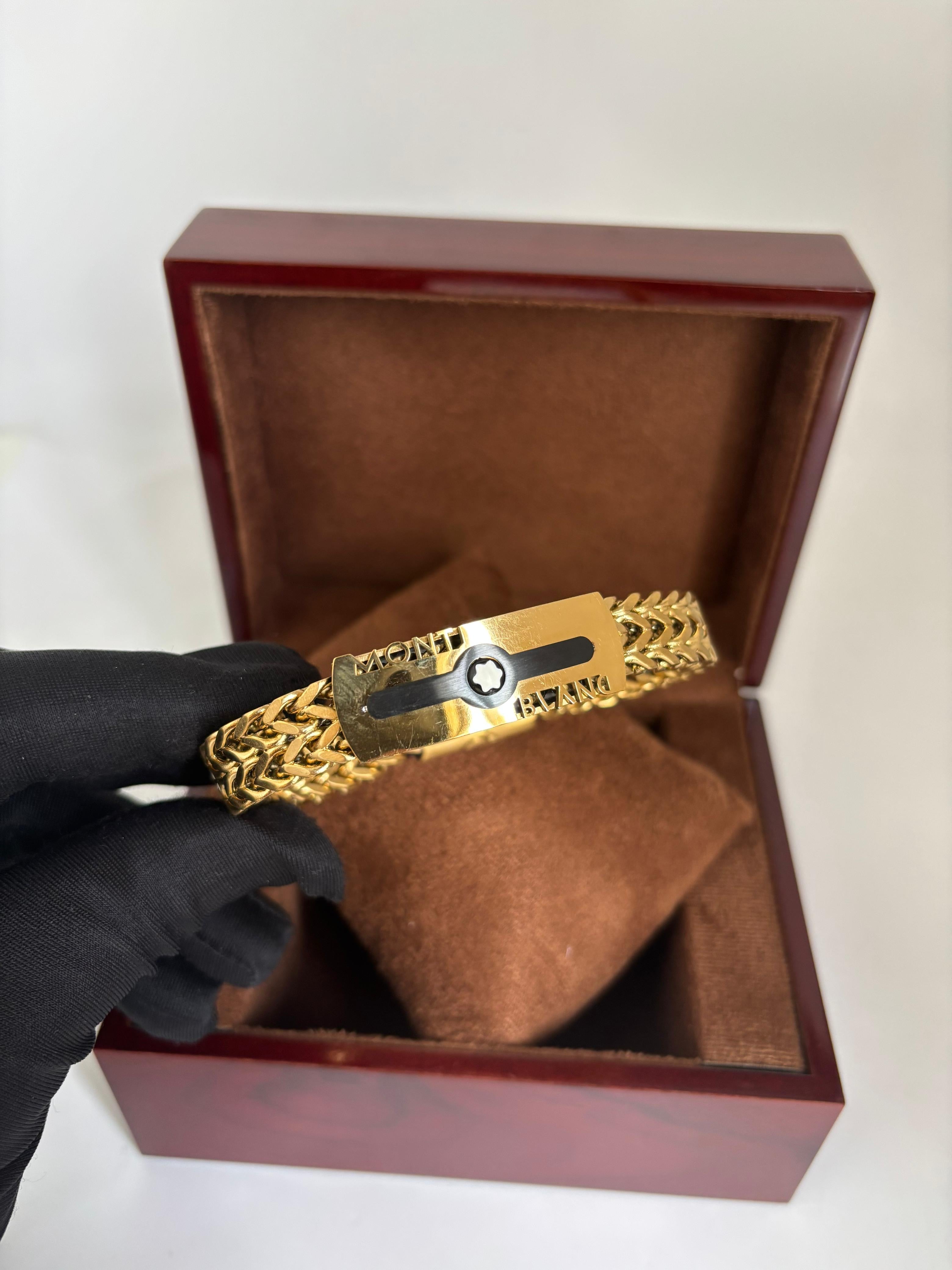 Pulseira Masculina Estilo Montblanc Premium – Elo Duplo Dourado com Placa Central