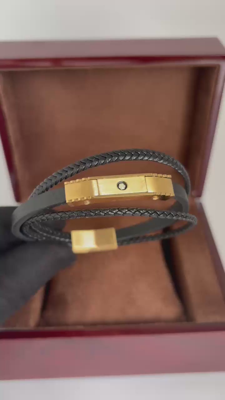 Pulseira Masculina Montblanc Premium – Aço Dourado e Trançado Preto