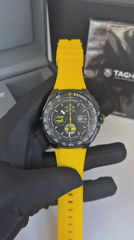 TAG Heuer Formula 1 Senna – Chronograph – Preto – Pulseira Borracha Amarela – 43mm | Premium AAA+
