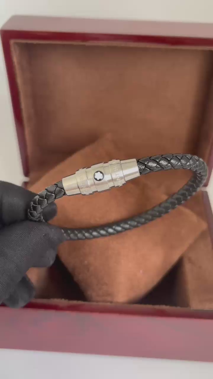 Pulseira Masculina Montblanc Premium – Trançada Preta com Fecho em Aço