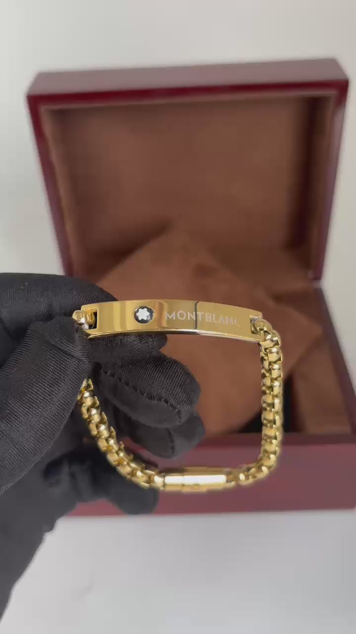 Pulseira Masculina Estilo Montblanc Premium – Aço Dourado com Placa Central Refinada