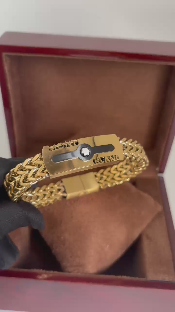 Pulseira Masculina Estilo Montblanc Premium – Elo Duplo Dourado com Placa Central