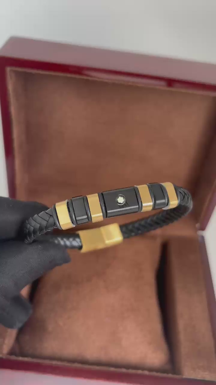 Pulseira Masculina Montblanc Premium – Aço Dourado e Trançado Preto